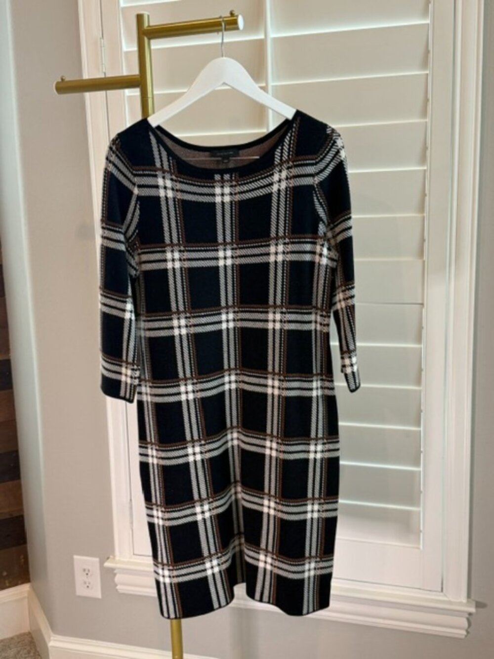 Ann Taylor Plaid Knit Sweater Midi Dress Black Brown Size L